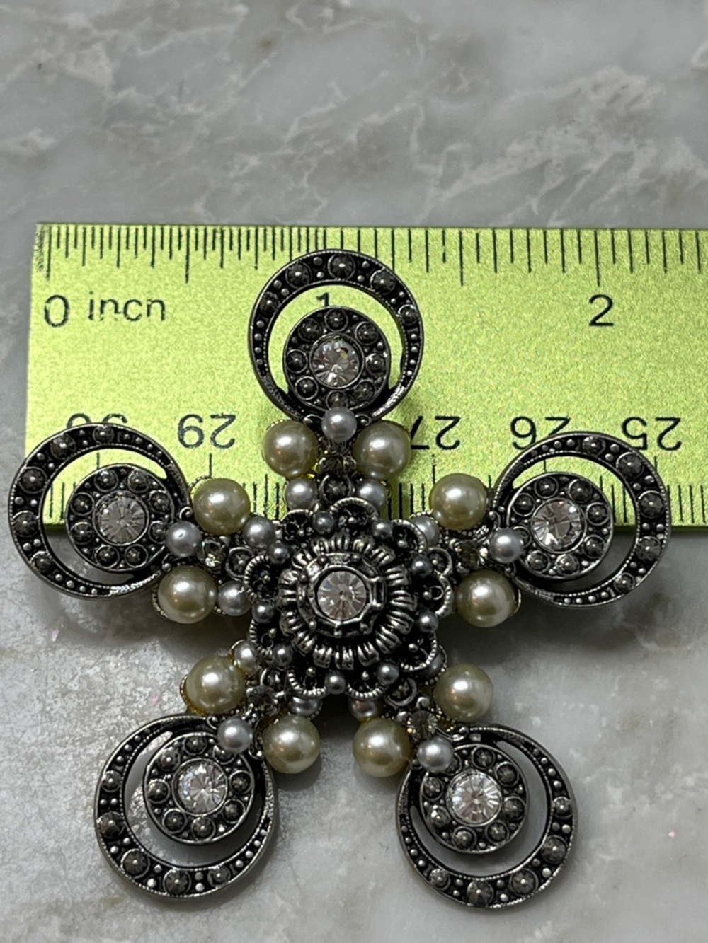 Vintage Silver Tone, Faux Pearl, and Rhinestone Floral Brooch - Picture 5 of 5